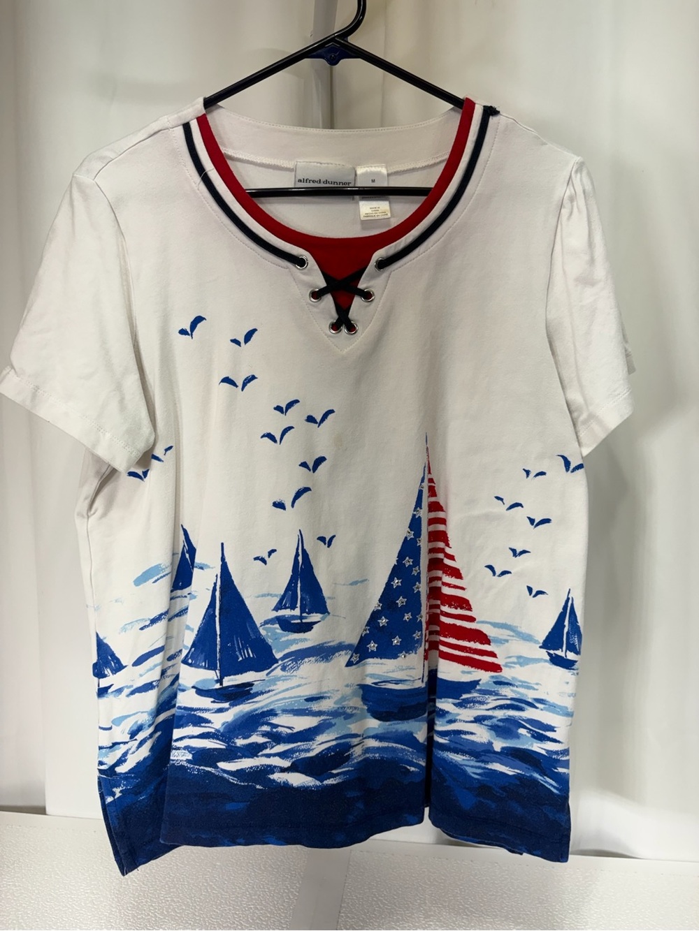Alfred Dunner White Tee with Red & Blue Nautical Sailboat Motif 4029